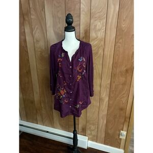 Great Northwest Indigo‎ Purple Floral Embroidered Button Front Tunic Top Large